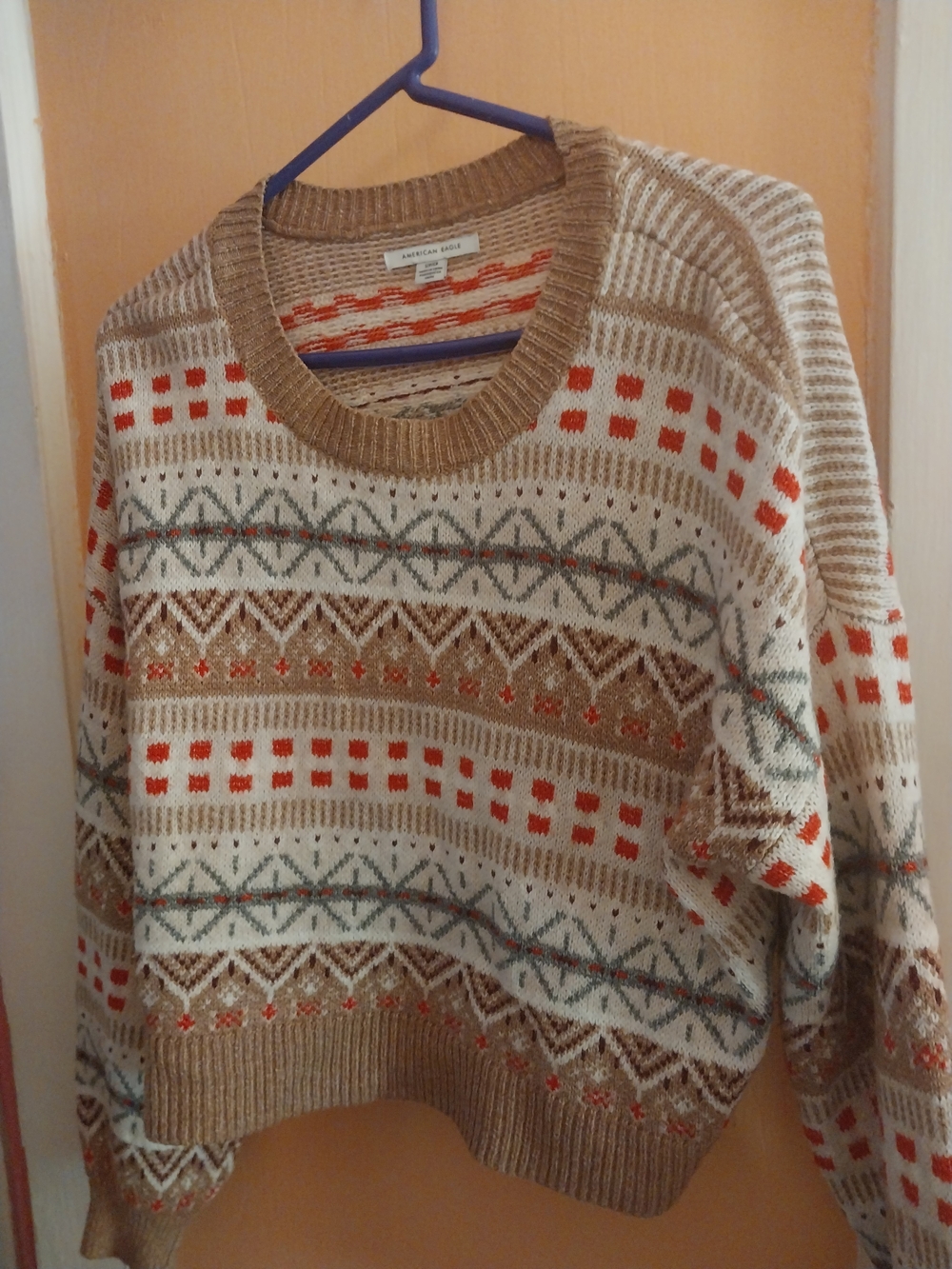 American Eagle Outfitters Tan, Cream & Orange Fair Isle Crewneck Sweater